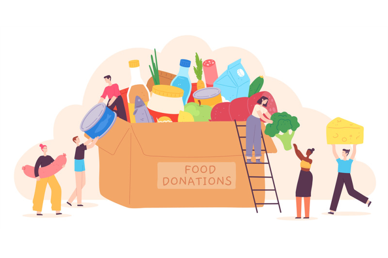 people-donate-food-tiny-characters-put-grocery-product-in-charity-box