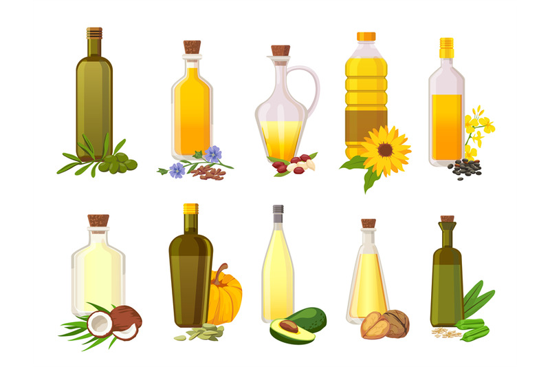 cooking-oil-bottles-natural-vegetable-olive-sunflower-avocado-and