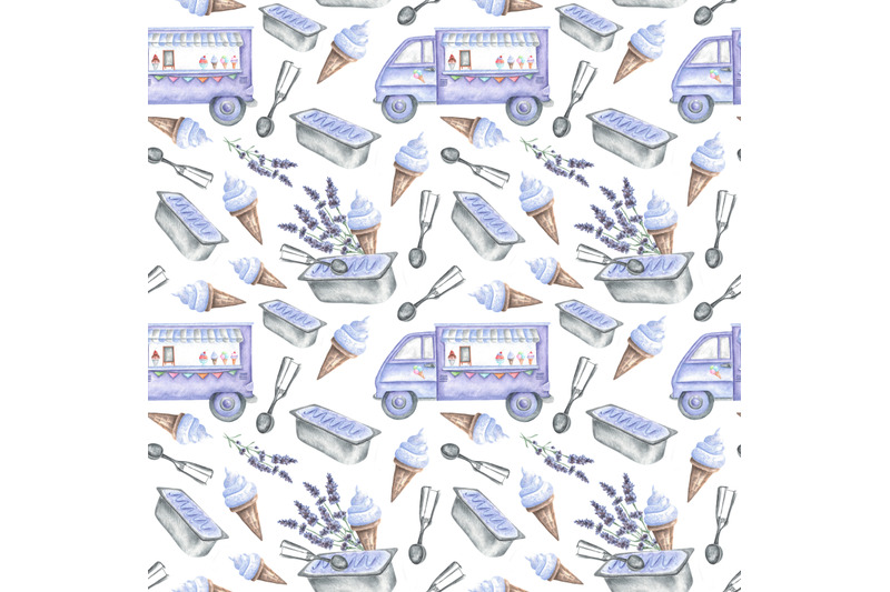 lavender-ice-cream-watercolor-seamless-pattern-ice-cream-van