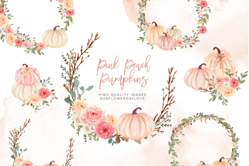 pink-autumn-pumpkin-clipart-watercolor-fall-pumpkin-greenery-floral