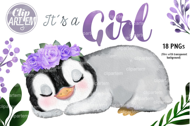 purple-penguin-girl-with-flowers-set-18-watercolor-clip-arts