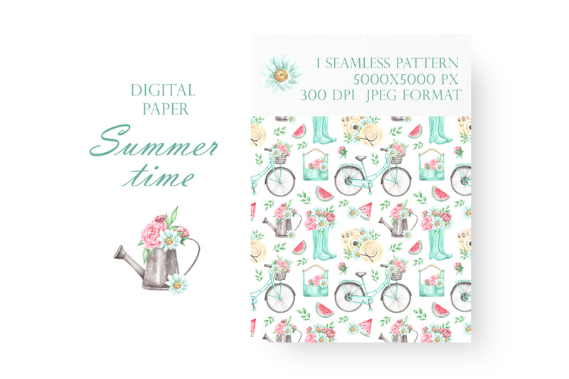 summer-watercolor-digital-paper-seamless-pattern-watering-can-bike