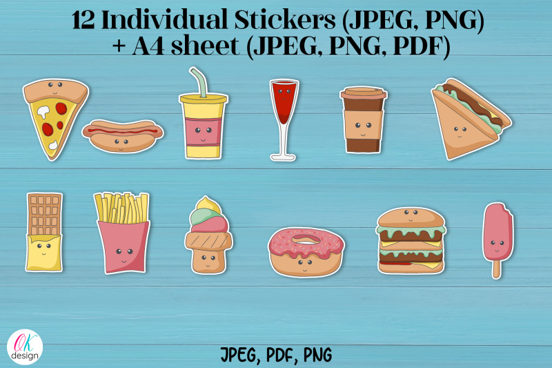 Kawaii food Printable Stickers. 12 cute food stickers. JPEG. PDF, PNG By  Ok_design