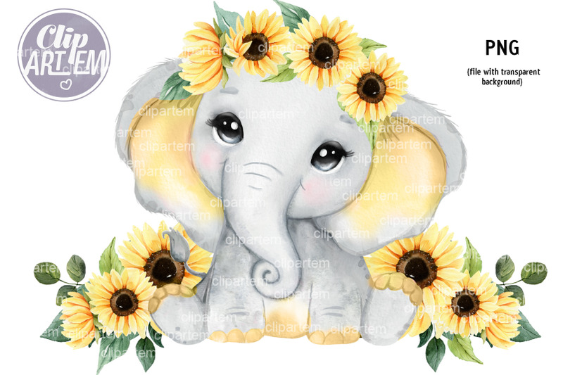 sunflower-elephant-baby-with-rustic-flowers-png