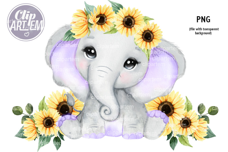 cute-purple-sunflower-elephant-girl-png-clip-art