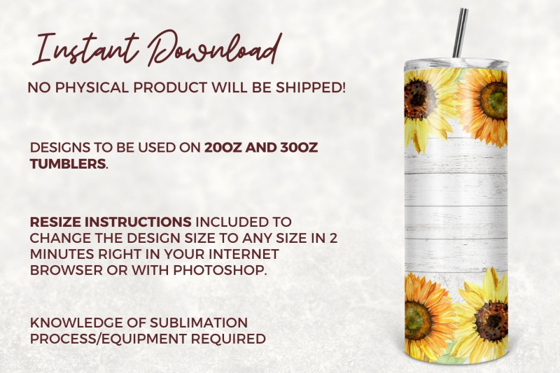 20oz-skinny-tumbler-sublimation-designs-white-wood-with-sunflower