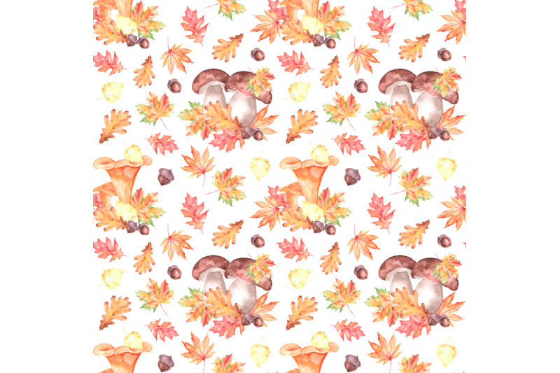 mushrooms-watercolor-seamless-pattern-fall-forest-chanterelles
