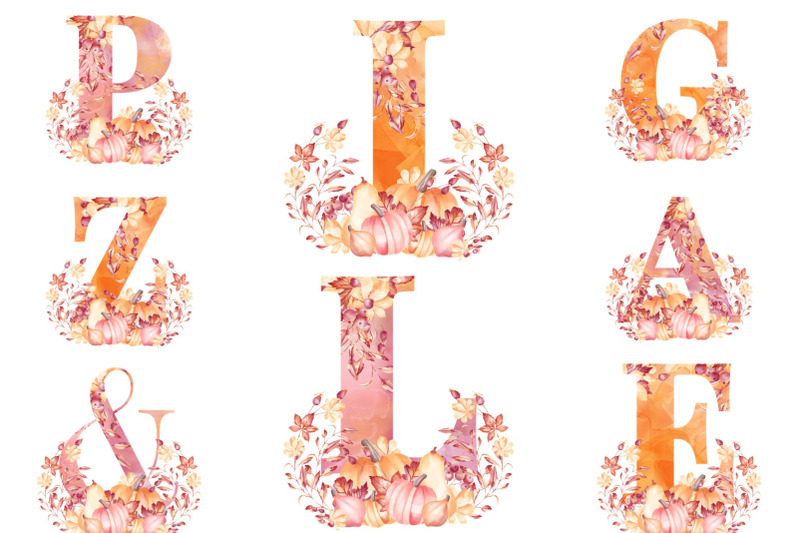 26-letters-amp-ampersand-watercolor-autumn-monogram-fall-png-clipart