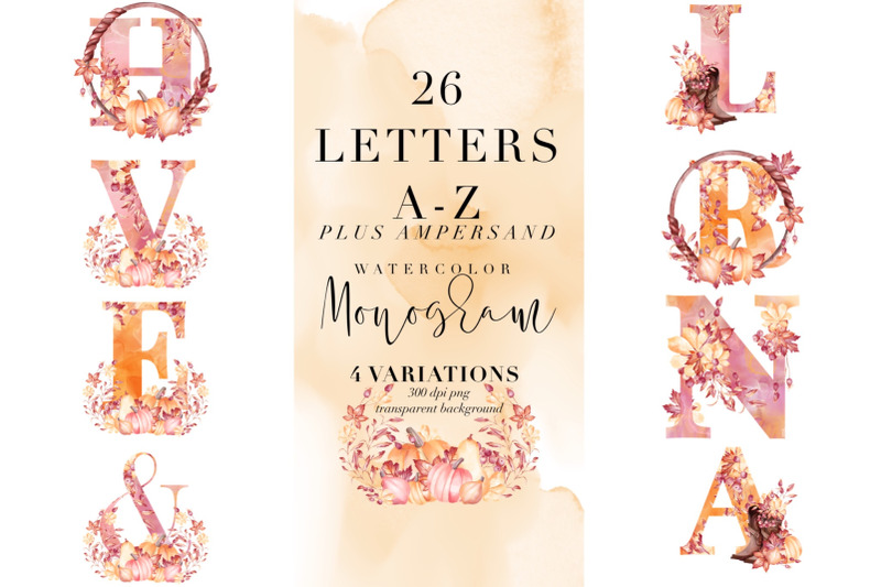 26-letters-amp-ampersand-watercolor-autumn-monogram-fall-png-clipart