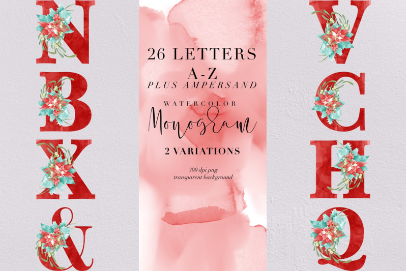 26-christmas-letters-and-ampersand-watercolor-monogram-png-clipart