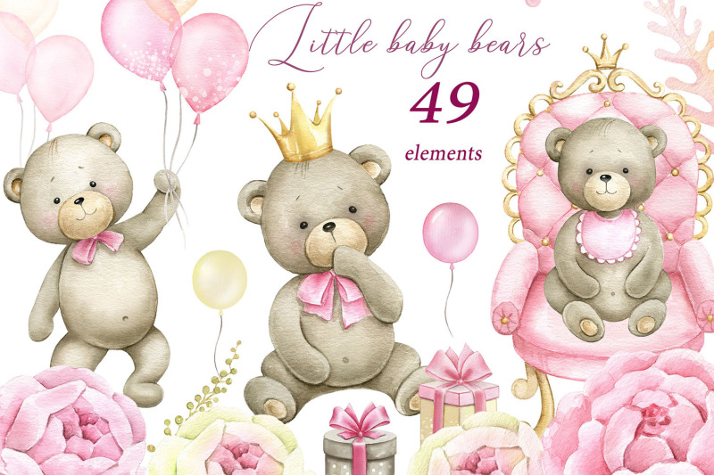 little-bear-baby-girl-shower-pink-floral-watercolor-clipart
