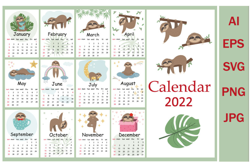 calendar-for-2022-cute-sloth-characters