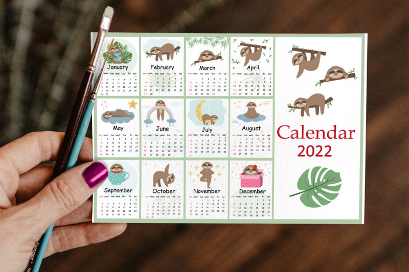 calendar-for-2022-cute-sloth-characters