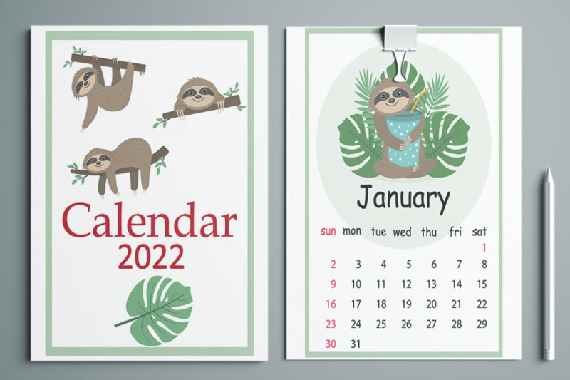 calendar-for-2022-cute-sloth-characters