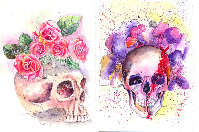 watercolor-skulls
