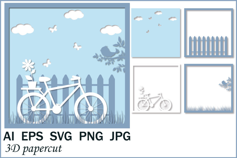 3d-paper-cut-out-bike-by-fence-multi-layer-shell-pattern