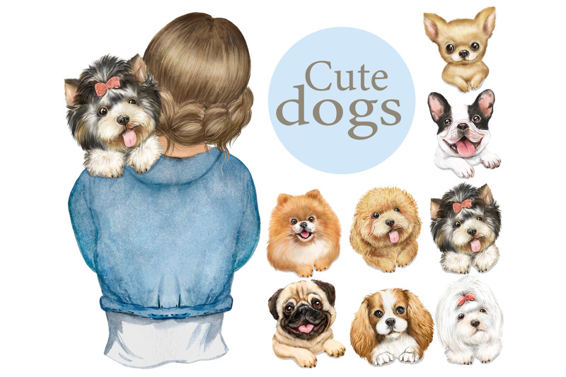 cute-dogs-watercolor-clipart-girls-and-dogs-spitz-pomeranian-poodle