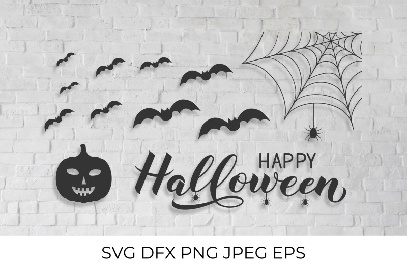 happy-halloween-lettering-with-silhouette-of-pumpkin-spiders-and-bats