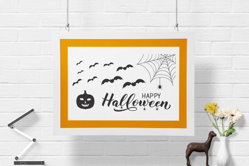 happy-halloween-lettering-with-silhouette-of-pumpkin-spiders-and-bats