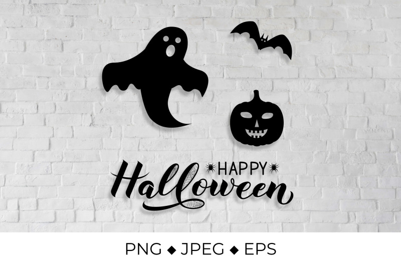 happy-halloween-lettering-with-silhouette-of-pumpkin-bat-ghost-and-s