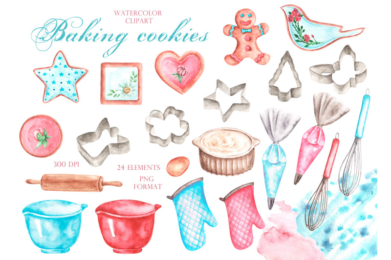 baking-cookies-watercolor-clipart-pastry-shop-cookbook-homemade