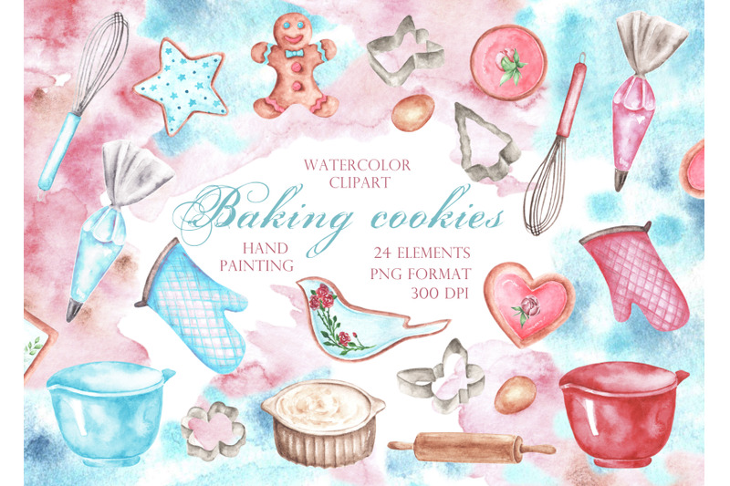 baking-cookies-watercolor-clipart-pastry-shop-cookbook-homemade