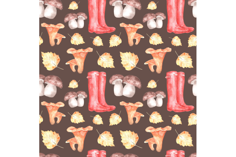 autumn-forest-watercolor-seamless-pattern-mushroom-picking-farmer