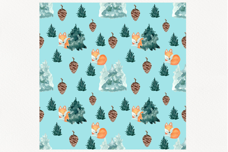 watercolor-seamless-pattern-pine-trees-and-fox-digital-paper