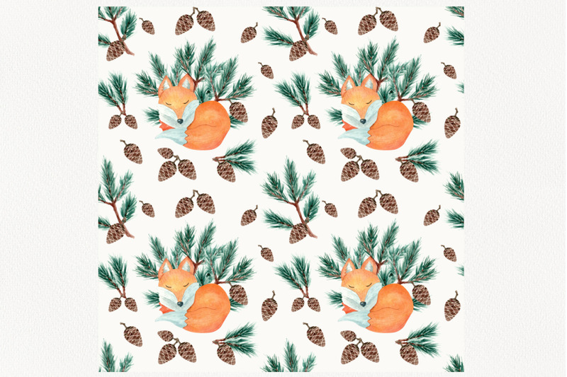 watercolor-seamless-pattern-pine-trees-and-fox-digital-paper
