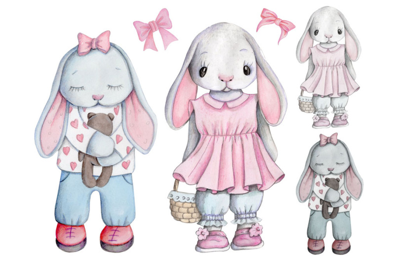 cute-cartoon-watercolor-bunny-rabbit-girls