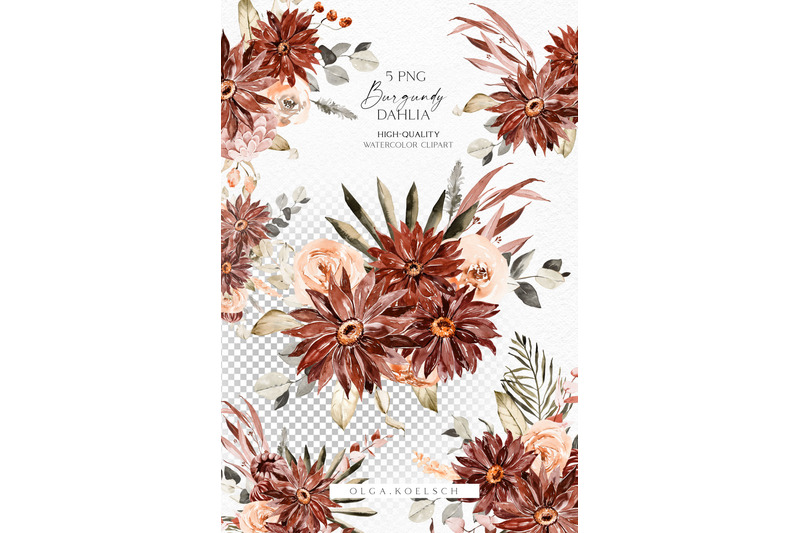 boho-burgundy-flowers-clipart-watercolor-blush-and-burgundy-bouquets