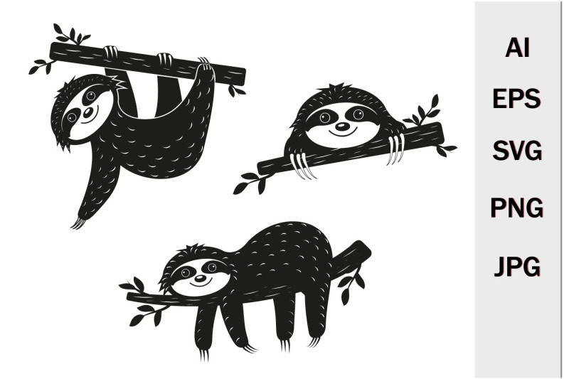 cute-characters-sloths-on-a-tree-set-black-stencil-svg