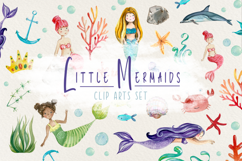 little-mermaids-watercolor-clip-art-set