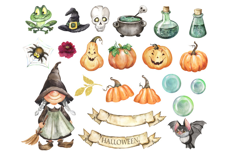 halloween-watercolor-clipart-with-witch-bat-holiday-clipart-with-pum