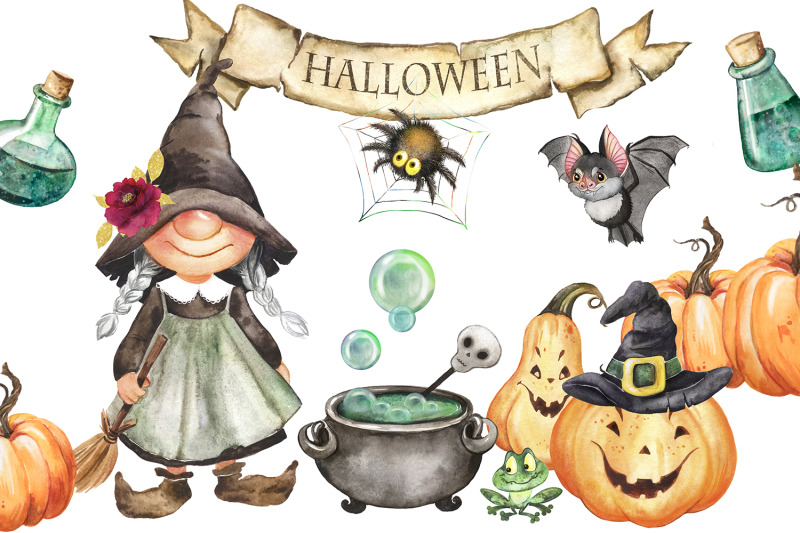 halloween-watercolor-clipart-with-witch-bat-holiday-clipart-with-pum