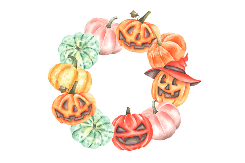 halloween-pumpkins-watercolor-wreath-halloween-invitation-card-fall