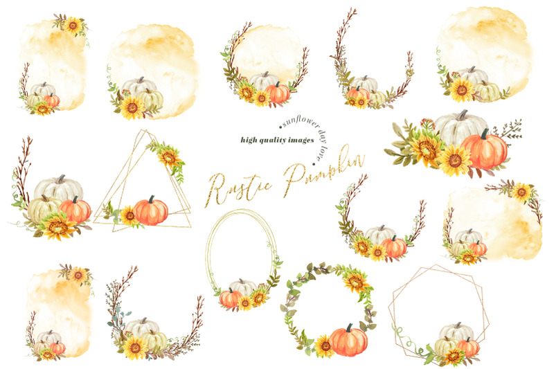 rustic-gold-frame-pumpkin-clipart-sunflowers-fall-pumpkin-sunflower