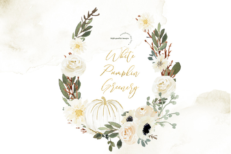 gold-frame-white-pumpkin-clipart-watercolor-greenery-fall-pumpkin