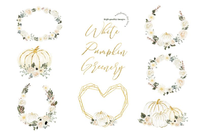 gold-frame-white-pumpkin-clipart-watercolor-greenery-fall-pumpkin