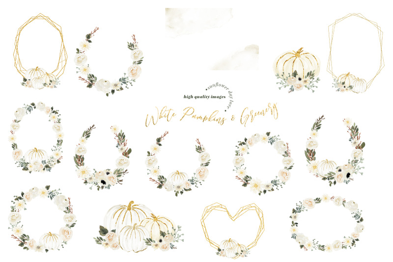 gold-frame-white-pumpkin-clipart-watercolor-greenery-fall-pumpkin