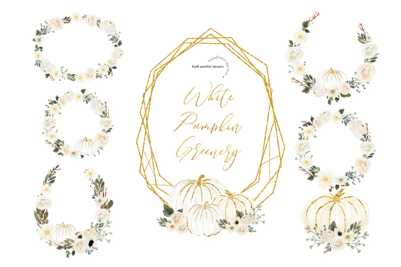 gold-frame-white-pumpkin-clipart-watercolor-greenery-fall-pumpkin