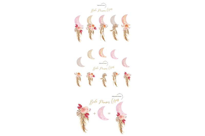 modern-boho-pampas-grass-whimsical-moon-clipart-pink-flowers