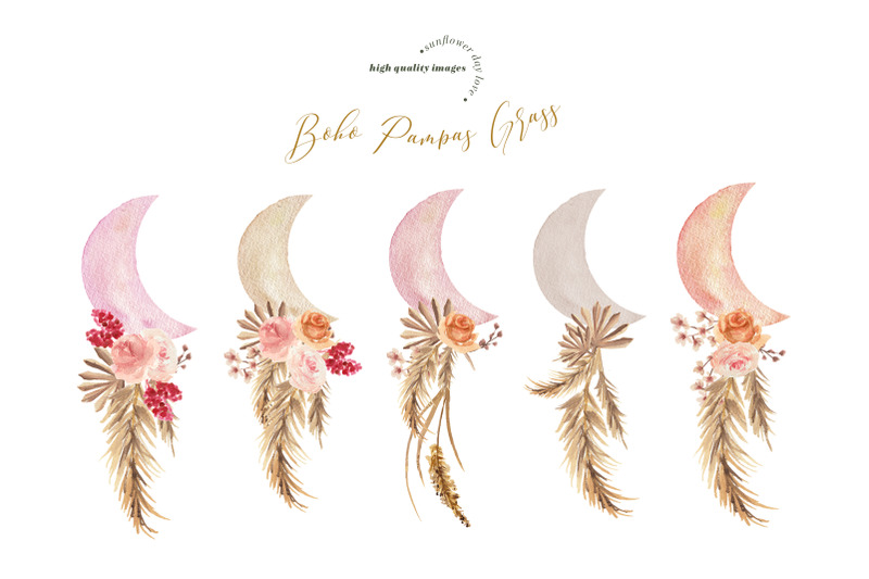 modern-boho-pampas-grass-whimsical-moon-clipart-pink-flowers