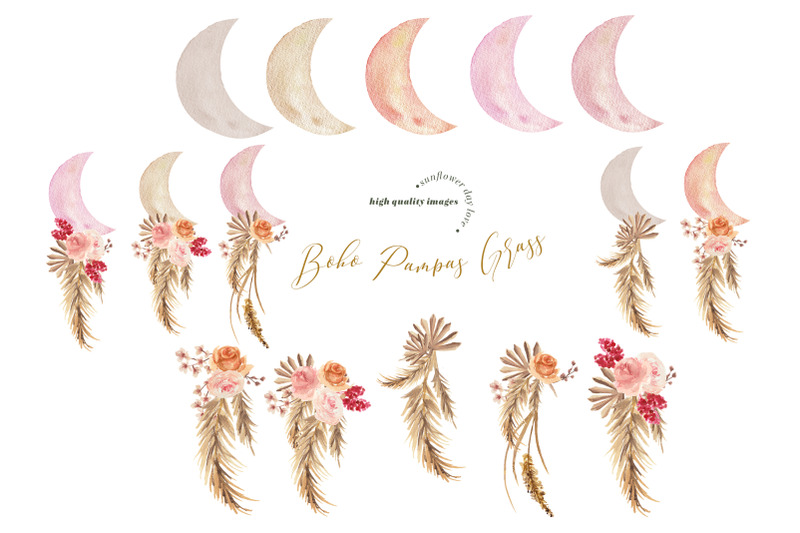 modern-boho-pampas-grass-whimsical-moon-clipart-pink-flowers