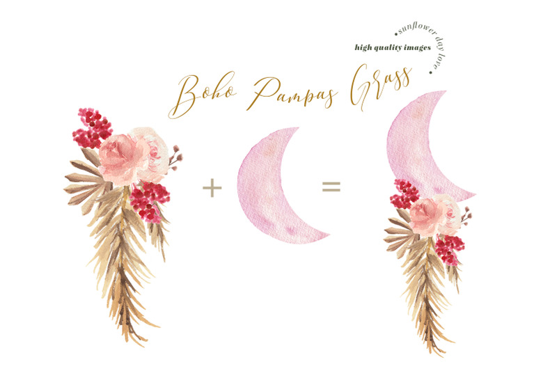 modern-boho-pampas-grass-whimsical-moon-clipart-pink-flowers