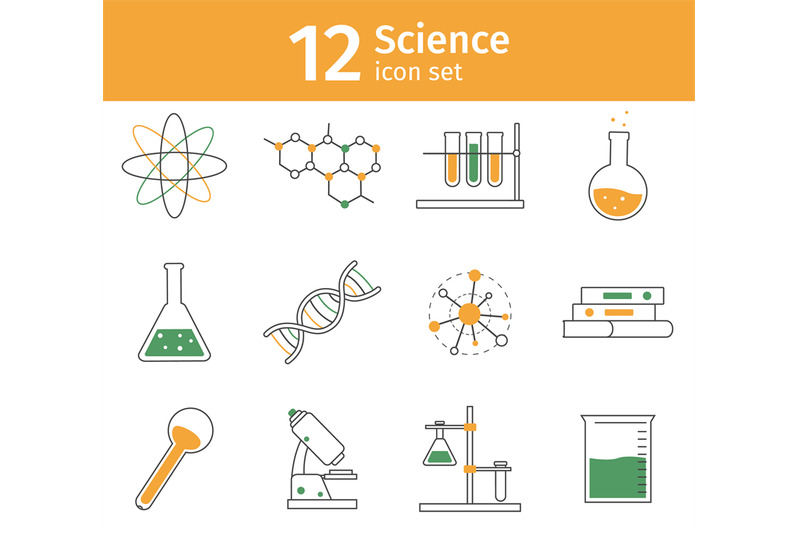 line-science-icon-set-chemistry-lab-equipment-as-glassware-molecule