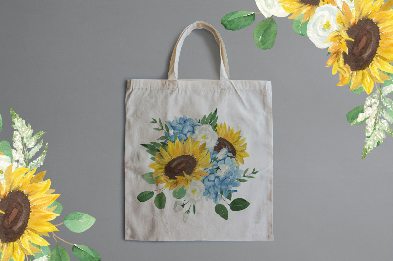 sunflower-hydrangea-amp-eucalyptus-8-watercolor-bouquets-png