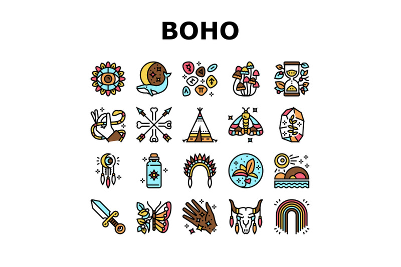 boho-style-decoration-collection-icons-set-vector