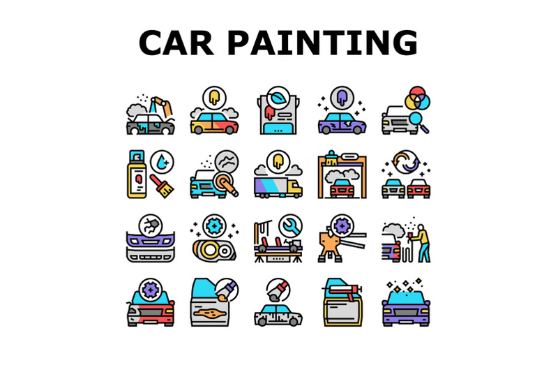 car-painting-service-collection-icons-set-vector