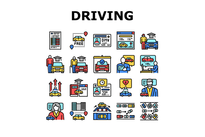 driving-school-lesson-collection-icons-set-vector